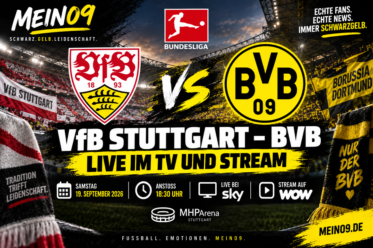 VfB Stuttgart gegen BVB live im TV und Stream am 19. September 2026