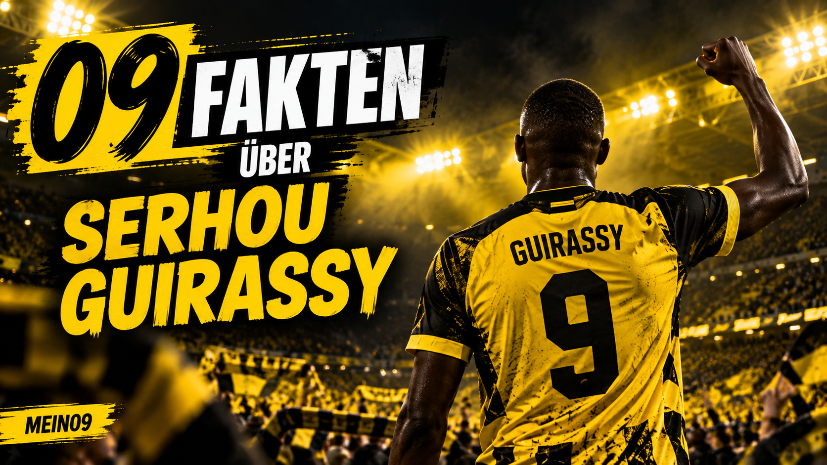 09 Fakten über Serhou Guirassy im schwarzgelben MEIN09-Design, Trikot mit Nummer 9 von hinten